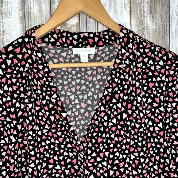 Charter Club Heart Print Blouse XLP Plus Size Black Pink V Neck 3/4 Sleeve Top - Picture 4 of 6